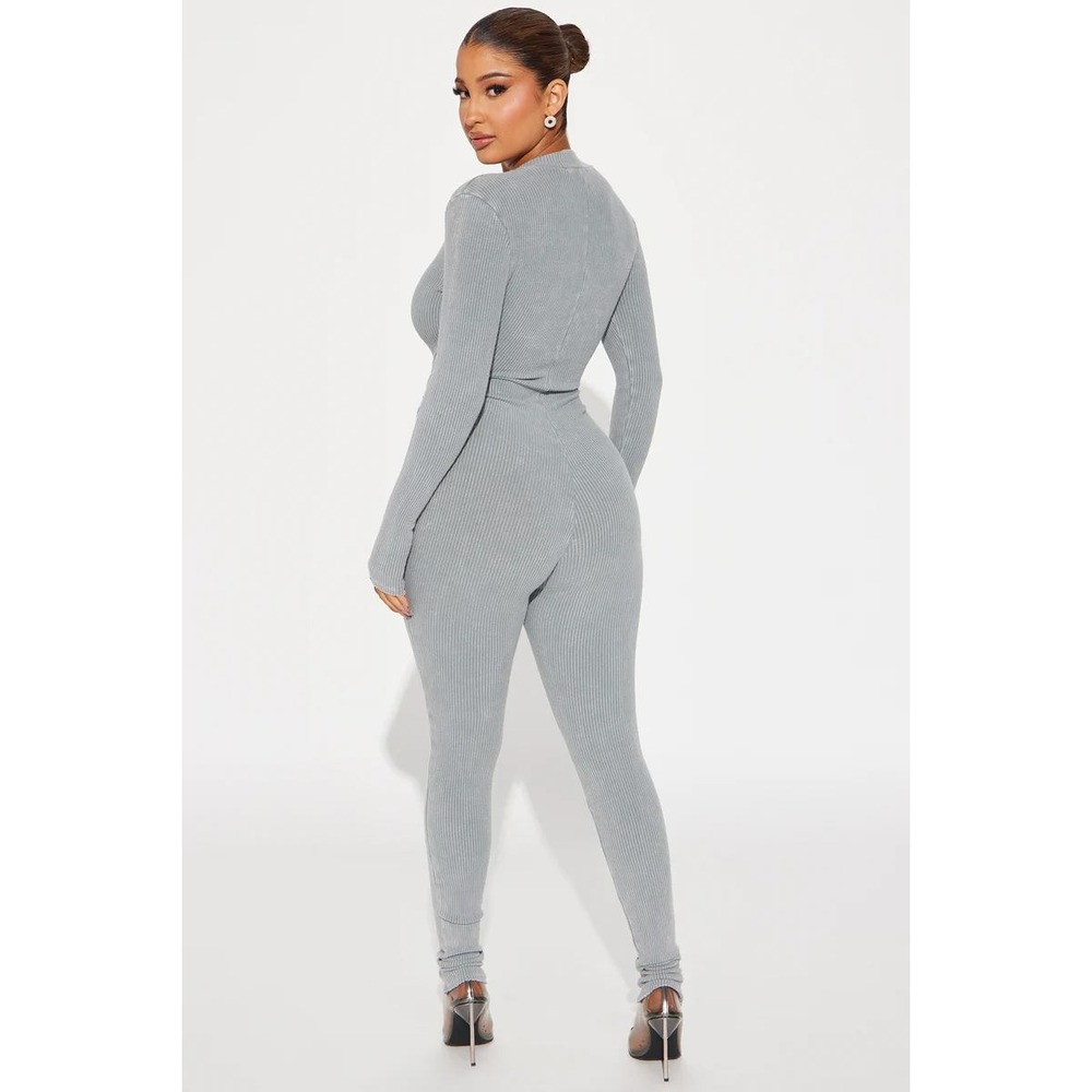 IMMODEL Ribbed Knit Full Length‎ Jumpsuit Light Grey Button Front L